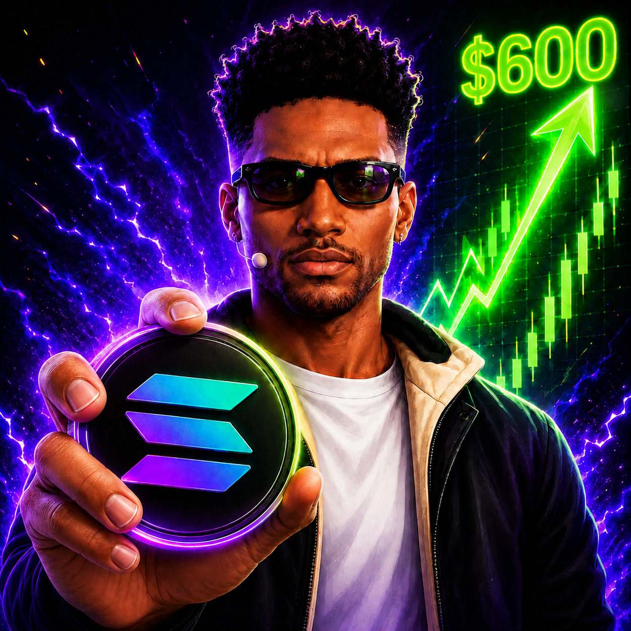 The SOL600 trader holding out a glowing Solana coin, a neon green chart climbing to $600 behind him.
