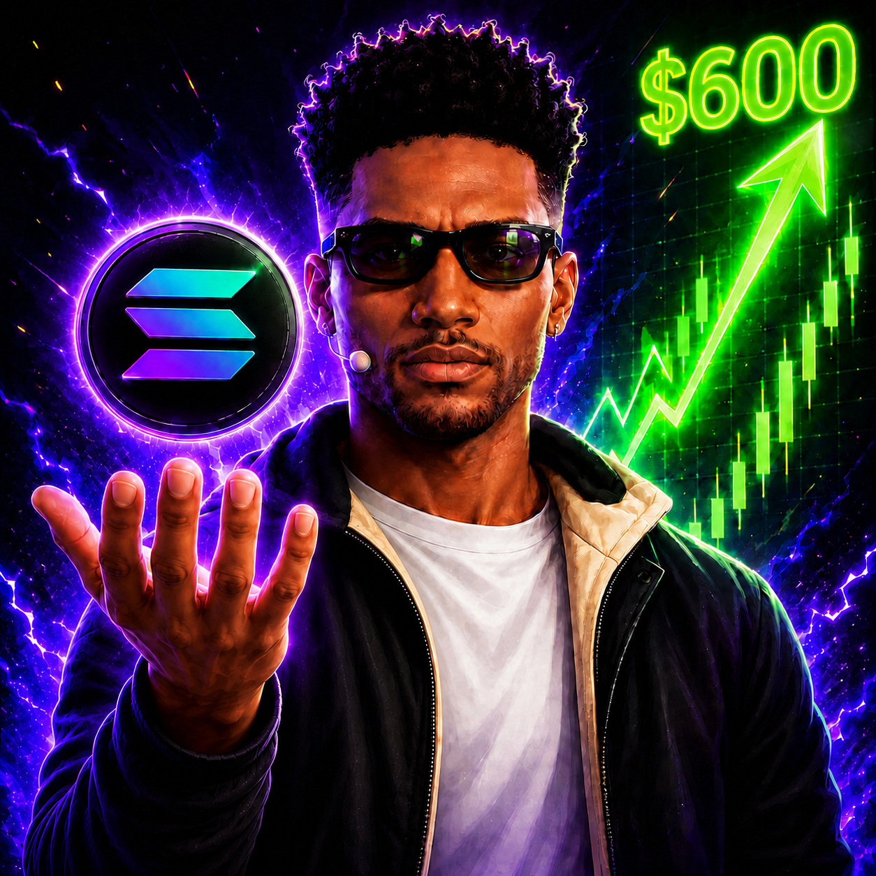 A trader in sunglasses with a glowing Solana coin floating above his open palm, a neon green chart climbing to $600 behind him.