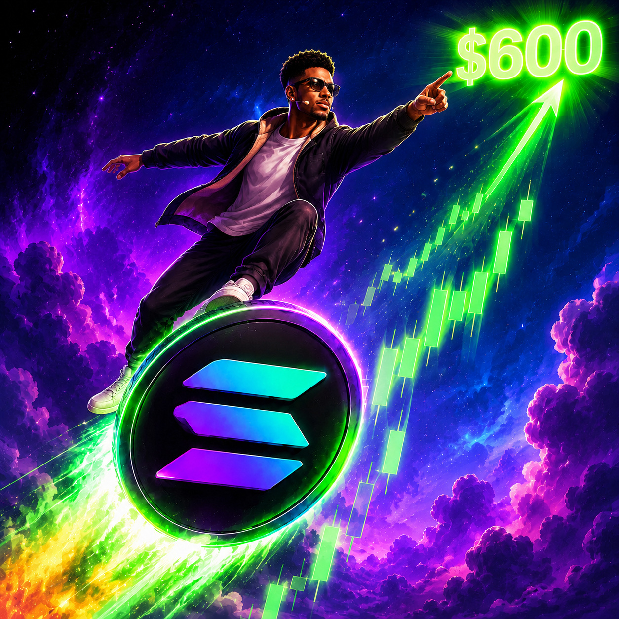 The SOL600 trader surfing a glowing Solana coin through purple clouds, pointing at a neon $600 in the sky.